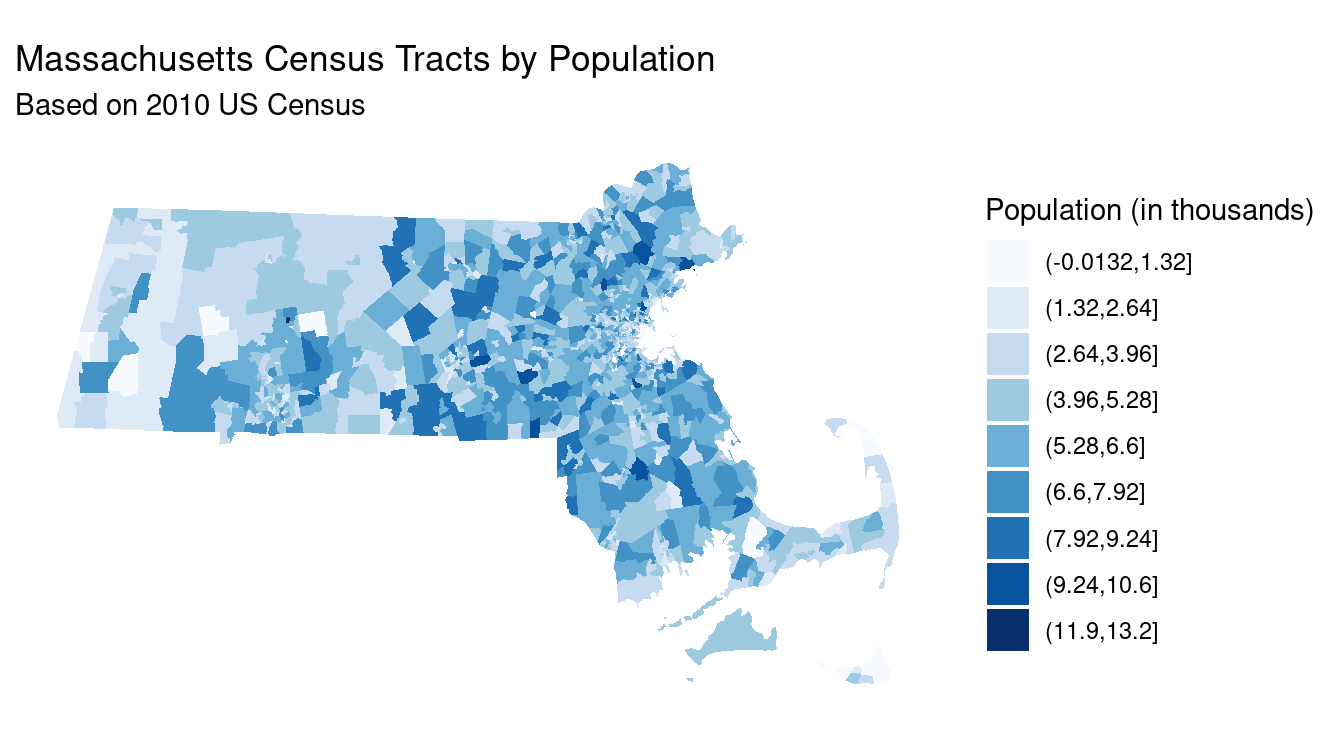 Choropleth map of population among Massachusetts Census tracts, based on 2018 American Community Survey.