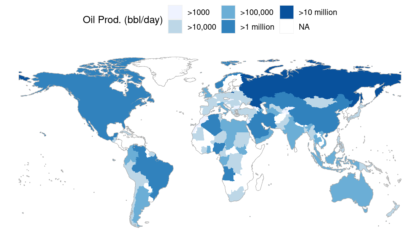 A choropleth map displaying oil production by countries around the world in barrels per day. 