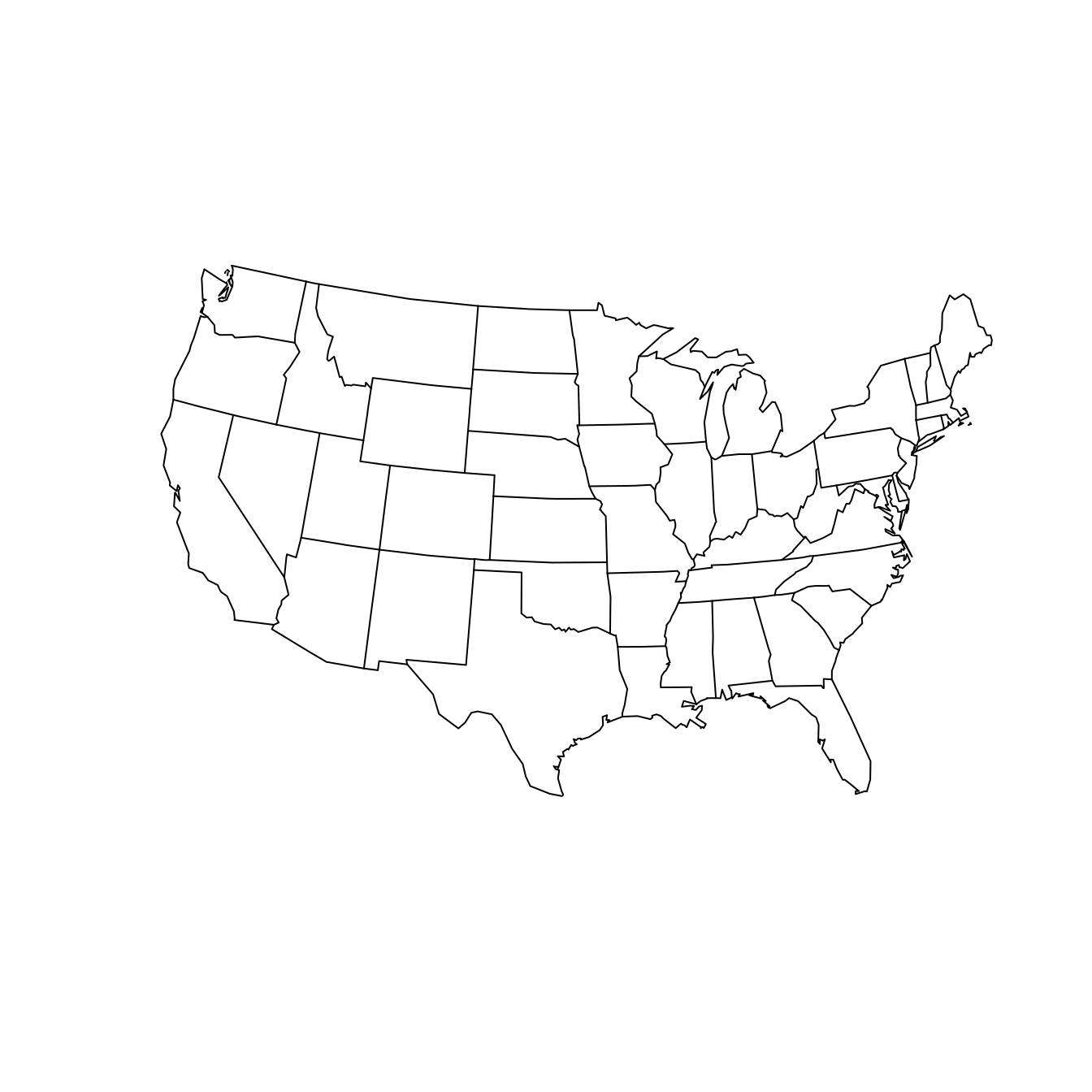 The contiguous United States according to the Lambert conformal conic (left) and Albers equal area (right) projections. We have specified that the scales are true on the 20th and 50th parallels.