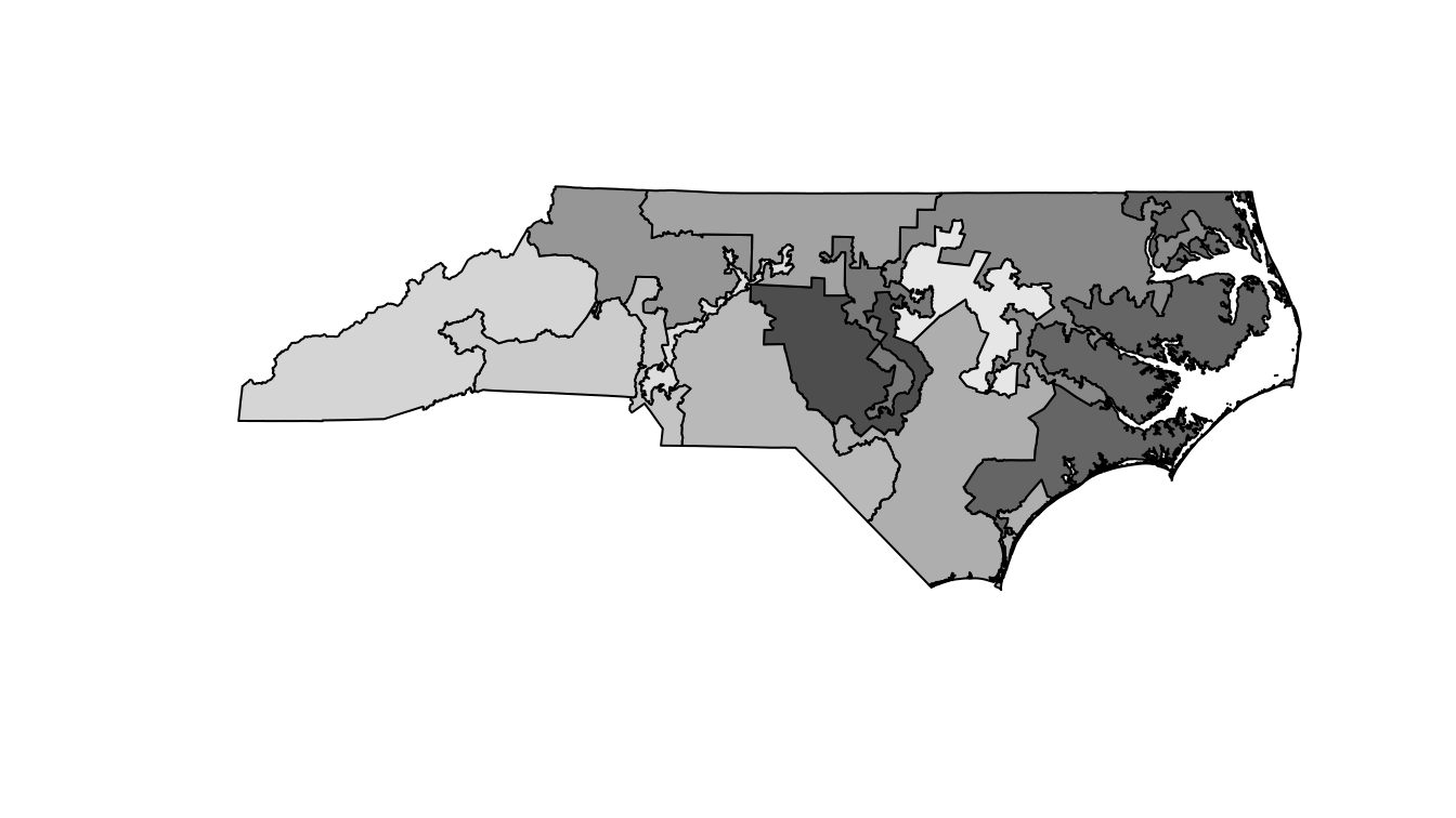 A basic map of the North Carolina congressional districts.