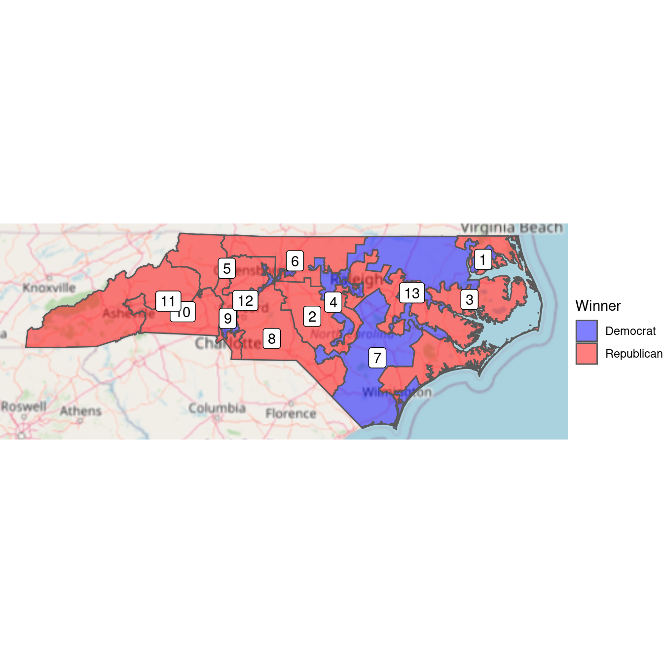 Bichromatic choropleth map of the results of the 2012 congressional elections in North Carolina.