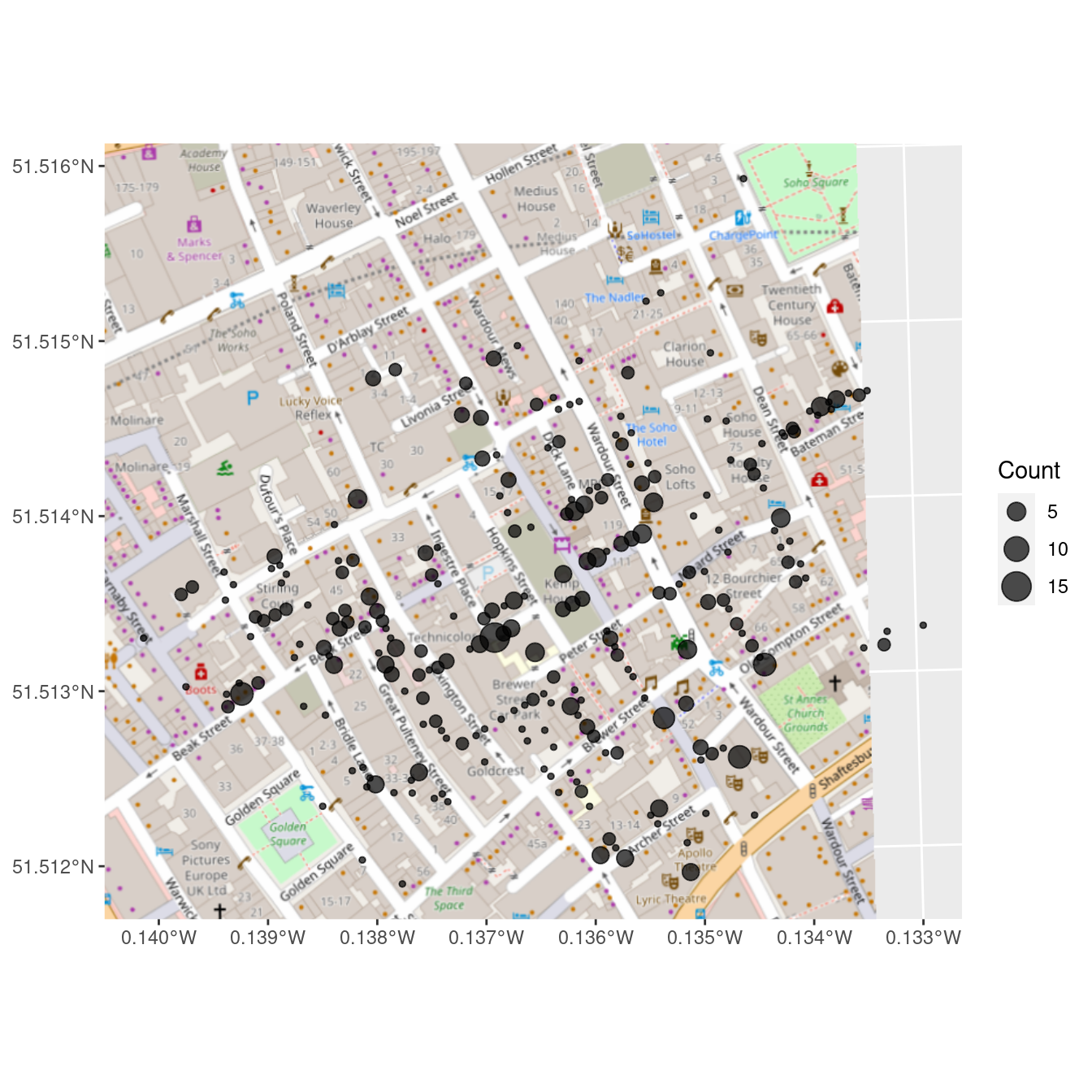 Erroneous reproduction of John Snow's original map of the 1854 cholera outbreak. The dots representing the deaths from cholera are off by hundreds of meters.