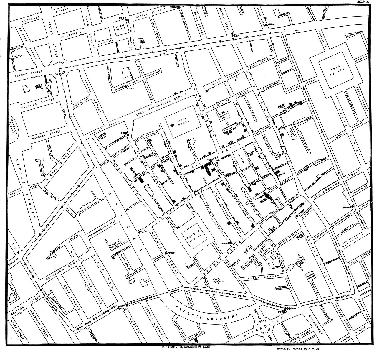 John Snow's original map of the 1854 Broad Street cholera outbreak. Source: Wikipedia.
