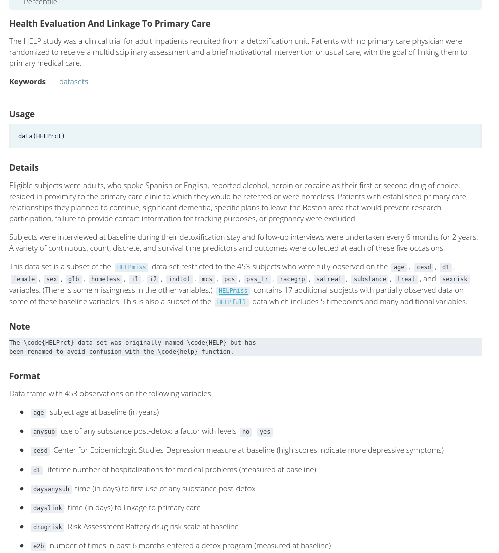 Part of the codebook for the HELPrct data table from the mosaicData package.