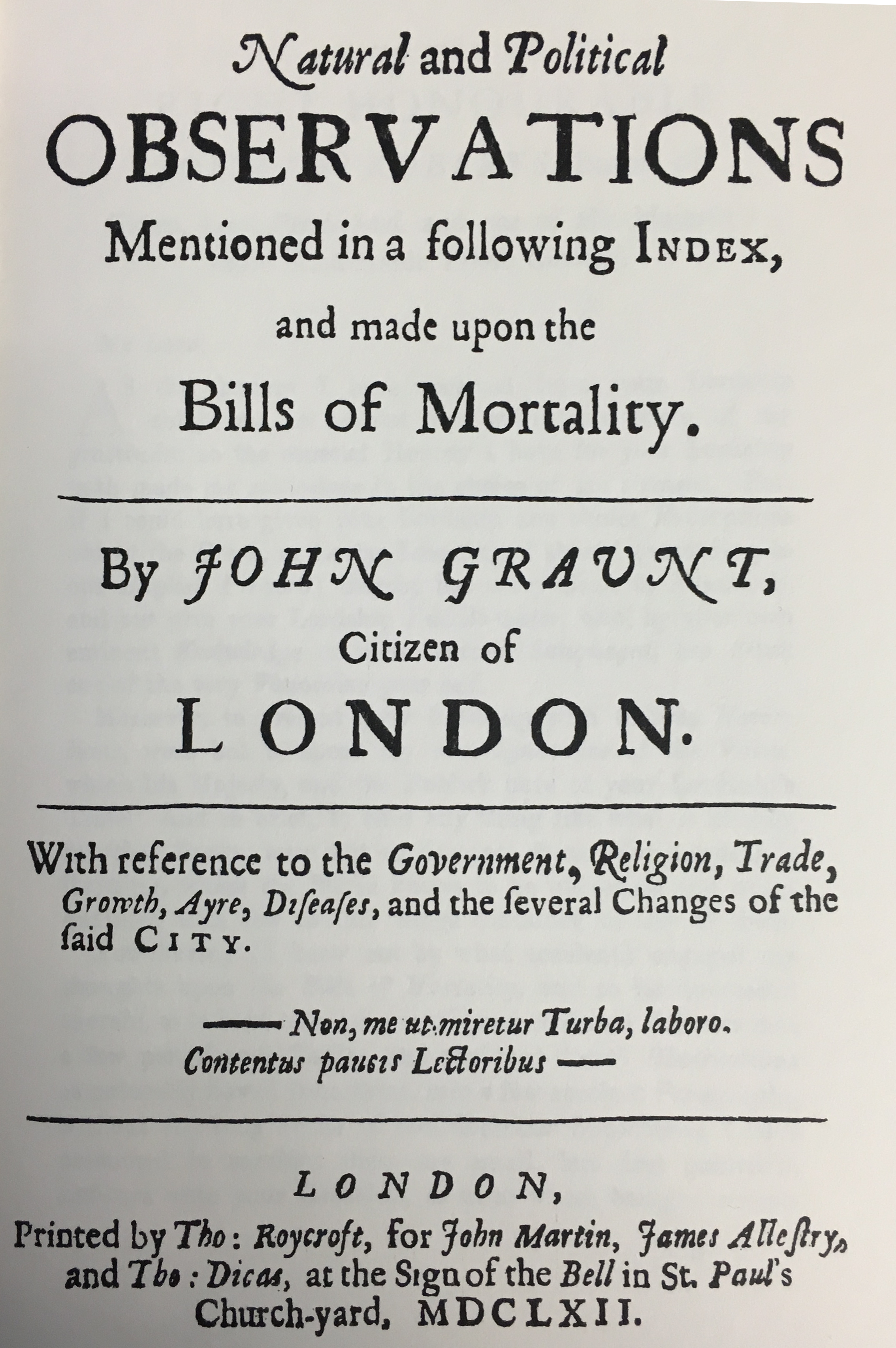 Excerpt from Graunt's bills of mortality. At left, the title page. At right, an excerpt on the plague.