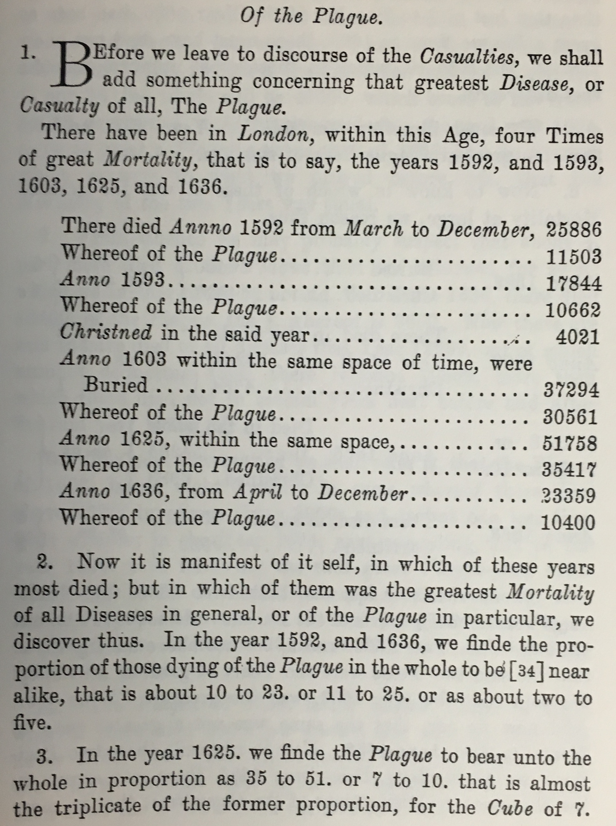 Excerpt from Graunt's bills of mortality. At left, the title page. At right, an excerpt on the plague.